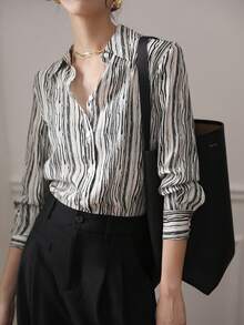 YUXIN 新款春夏秋季女士翻领长袖衬衫，复古港风条纹修身衬衫 - 黑色 - 查看 7