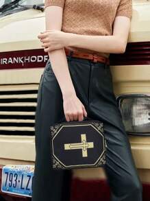 1pc Bible Cover,Cross Design - Polyester, Zipper Closure & Carry Handle - Portable Church Case With Black Accents & Floral Patterns - Ideal Gift - Black - View 6