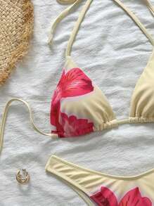 Bañador de mujer con flores de hibisco amarillas para los días de verano, desde la piscina hasta la playa, conjunto de bikini básico y elegante con decoración floral para playa