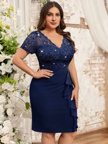 Plus V-Neck Sequin Lace Bodice Ruffle Hem Evening Party Bodycon Dress, Elegant Semi Formal Wedding Guest Dress, For Birthday, Graduation, Dinner Date - Navy Blue - View 5