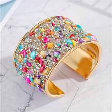 1pc Lightweight Metal Cuff Bracelet With Rhinestone Inlaid Stone Decor, Personalized Armband - Multicolor - View 1