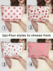 1pc Aardbeienpatroon Thema Volledige Print Make-up Tas - Lichtgewicht En Geurloze Polyester Reis Toilettas, Cartoon Aardbei Leuke Multifunctionele Canvas Tas, Oplaad Opbergtas, Essentiële Reis Make-up Tas: Meisjes Reis Reddingsboei Tas