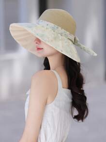 1 件女士帽子，新款春夏水印花花卉拼布蝴蝶结草帽，时尚百搭轻便透气防风遮阳帽，户外旅行度假防晒宽边渔夫帽，适合日常使用