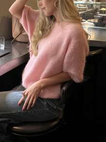 Women's Spring Autumn Knit Sweaters Half Sleeve O Neck Solid Color Casual Knitwear - Pink - View 5