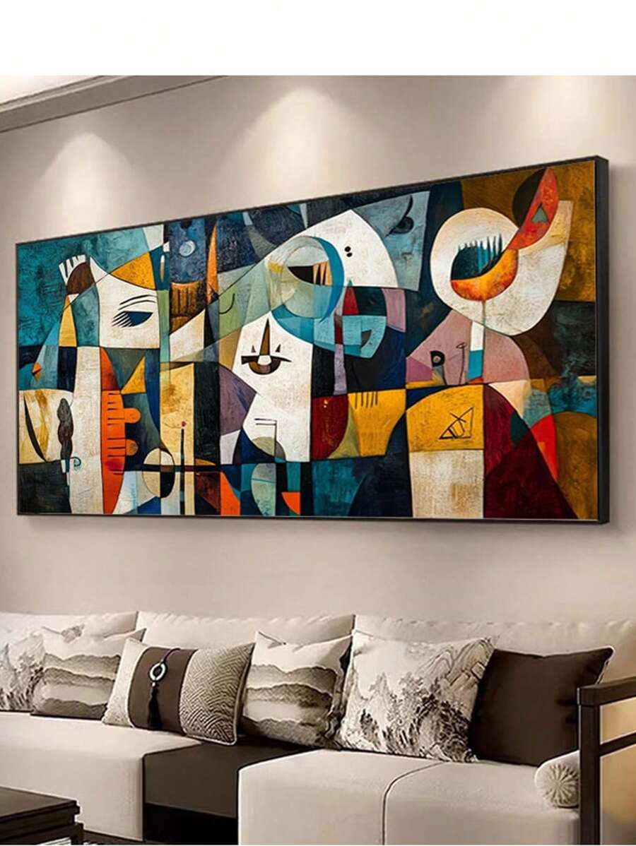 One Piece Of Frameless Modern Abstract Colorful Bohemian Geometric Patchwork Wall Art Featuring A Human Face, Measuring 23.62 By 47.24 Inches Or 60 By 120 Centimeters, Perfect For Bedroom Decor And As A Retro Canvas Poster For Living Room Or Corridor Decoration. Gifts Birthday Graduation