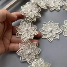 10 件透明薄纱花卉刺绣面料，带蕾丝花边，3D 珠饰，适用于新娘婚纱 DIY - 彩色 - 查看 2