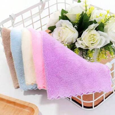 Toalla de mano de terciopelo coral, toalla de limpieza de cocina cuadrada, toalla cuadrada lisa de terciopelo coral de alta densidad, toalla facial absorbente suave, toalla absorbente sin pelusa para el hogar (5 piezas en colores aleatorios)