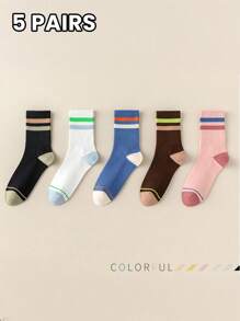 5 Pairs Of Women's Socks Are Suitable For All Seasons Multi-Colored Stripes Simple Fashion Soft Breathable Sweat Absorption Daily Casual Sports Mid-Tube Socks