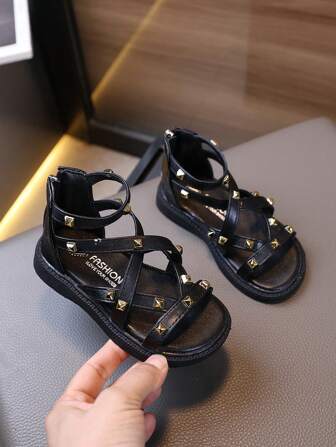 1 Pair Children's Soft Bottom Roman Studded Open Toe Sandals, Fashion Vintage British Style Baby Girl Zipper Design Non-Slip Beach Sandals