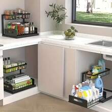 1pc 2-Tier Pull-Out Under Sink Organizer - Metal Storage Rack For Kitchen & Bathroom Cabinets Under Sink Organizers And Storage Bathroom Storage Cabinet