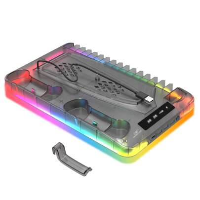 GAMINJA Base de refrigeración con luces RGB, aplicable para la edición de disco y digital, estación de carga dual integrada para gamepad, ventilador de refrigeración, soporte para control remoto, almacenamiento de discos de juego, hub USB, gancho para auriculares