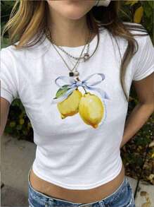 Women's Summer Letter Fruit Printed Cropped Round Neck Short Sleeve Silm Fit Casual T-Shirt,Lemon & Bow Graphic Tees Women Tops,For Summer Women Tee