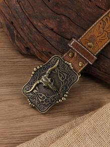 1pc Unisex Retro Western Cowboy Animal Buckle Embossed PU Leather Belt, Fashionable All-Match Suitable For Jeans, Skirts And Year-Round Wear - Multicolor - View 4