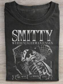 1 Piece, Washed Printed T-Shirt 230g Skull With Hat, High-Quality Wax Printed Cotton Retro Fashion Brand T-Shirt, Suitable For Summer T-Shirt With A Certain Thickness, Holiday Gift