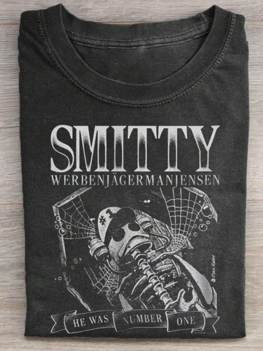 1 Piece, Washed Printed T-Shirt 230g Skull With Hat, High-Quality Wax Printed Cotton Retro Fashion Brand T-Shirt, Suitable For Summer T-Shirt With A Certain Thickness, Holiday Gift