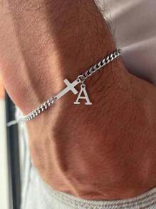 Men's Fashion Simple Cross & A-Z Letter Pendant Bracelet, New Casual Letter Design Bracelet, Fashionable Everyday Accessory - Multicolor - View 6