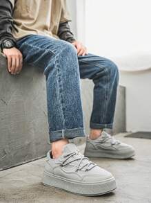 纯色厚底圆头透气学生休闲系带滑板鞋，男士防滑工作鞋 - 灰色 - 查看 7