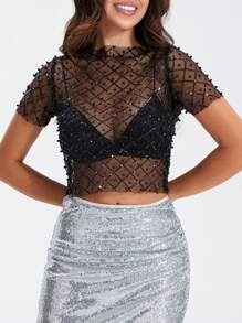 Women's See Through Sparkle Beaded Crop Tops Round Neck Short Sleeve Short Tops For Summer - Black - View 5