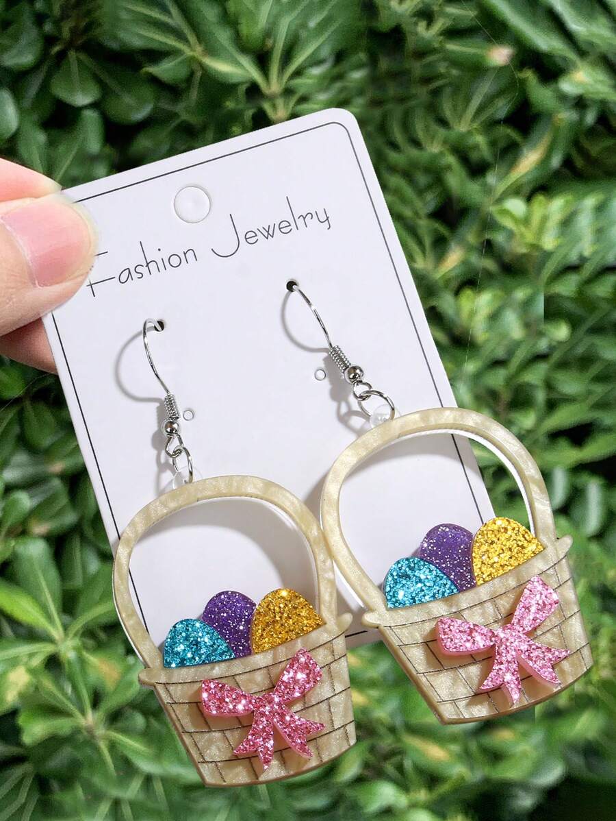 1 对复活节兔子和鸡蛋篮卡通独特时尚耳环，派对珠宝礼物，适合女性 - 彩色 - 查看 1