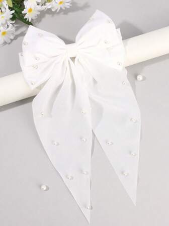1pc Pearl Hair Bow Clips For Girls, White Long Tail Bowknot Alligator Clips, Elegant Toddler Girl Ponytail Bow Clips Hair Barrettes, Birthday Wedding Holiday Party Headwear Gift, Hair Accessories.