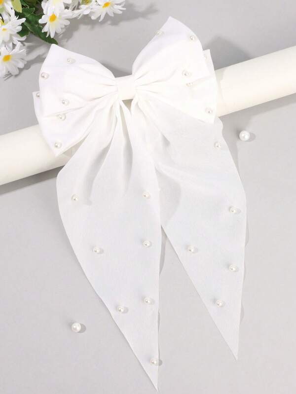 1 pieza Clips con moño de perla para niñas, clips de caimán con moño blanco de cola larga, elegantes clips de moño para cola de caballo de niña pequeña, regalo de cumpleaños, boda, fiesta festiva, accesorios para el cabello