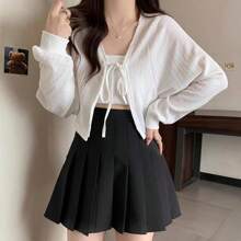 1pc Women's Shrug Cardigan, New Fashion Tie-Front Long Puff Sleeve Cropped Open Front Lightweight Outerwear - Multicolor - View 2