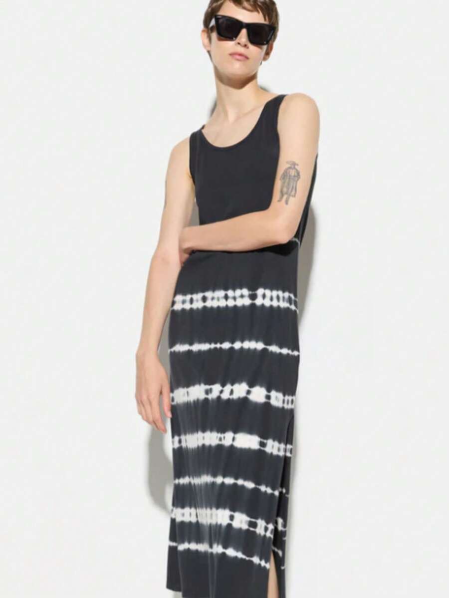 女士扎染印花圆领休闲侧开衩下摆吊带背心连衣裙 - 黑色 - 查看 1