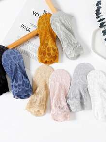 女士蕾丝花朵网眼袜，防滑隐形内衬袜，女士弹力舒适透气短袜 - 彩色 - 查看 4