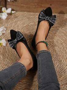 Mother's Day Beautiful Bow Gift, Women's Black & White Plaid Bow Decor Flat Slip-On Shoes, Lightweight & Comfortable, Non-Slip, Outdoor Walking Shoes, Casual & Fashionable Ladies Shoes, Black Classic