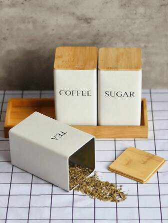 3 件装带竹盖的锻铁罐，用于咖啡、糖、茶的密封厨房储物容器 - 方形马口铁密封罐，用于整理和食品储藏室展示，节省空间的设计，适用于厨房和餐厅装饰