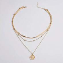 Flat Snake Chain Round Disc 3-Layer Necklace For Women (Random Bead Quantity, Standard Fixed Length) - Silver - View 5