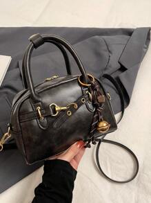 Vintage Black Handbag For Women, Tote Bowling Bag Style, New Fashion , Adjustable Strap Design, Casual Shoulder Crossbody Bag, Knot Decor, Suitable For Mobile Phone & Coins, Valentine's Day Gift - 黑色 - 查看 6
