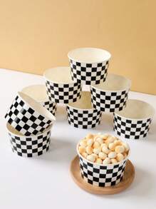 10个装赛车主题生日派对8盎司一次性纸碗，生日快乐婴儿派对性别揭晓派对纸质餐具，黑白格子纸碗，纸质冰淇淋杯，爆米花盒，食品容器 - 黑白方格 - 查看 7