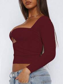 大码女装春季针织镂空心形领性感修身女孩休闲长袖上衣