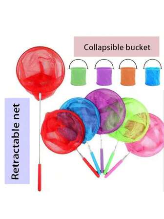1件/2件不锈钢伸缩渔网、捕虫器、户外戏水、迷你水桶；美术绘画混色水彩、可折叠刷洗杯，可选带或不带水桶