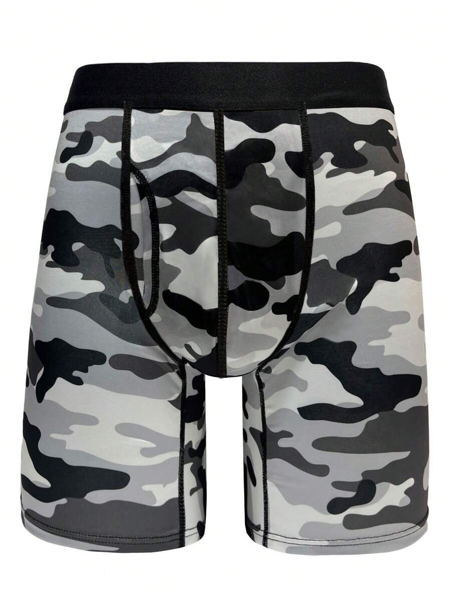 新颖男士内裤，迷彩图案男士运动长拳击内裤，吸湿排汗，柔软，快干休闲内裤，加长