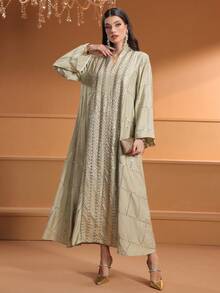 女士 V 领优雅刺绣亮片装饰阿拉伯长裙，端庄卡夫坦 - 軍綠色 - 查看 5