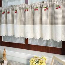 1 PIEZA Cortina corta a cuadros de estilo pastoril americano en color café claro para la cocina, cortina linda con cerezas rojas para ventanas, cortinas para ventanas pequeñas, cortinas para puertas