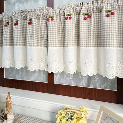 1PC 美式田园浅咖啡格子厨房短窗帘，可爱红樱桃窗帘，窗户小窗帘，门窗帘