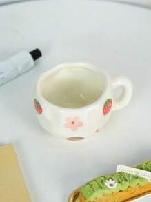 1pc Strawberry Pattern Ceramic Coffee Cup, Cute Cartoon Ceramic Mug, Water Cup, Couple Matching Cups, Breakfast Milk Cup, Party Afternoon Tea Cup, Gift, Birthday Present
