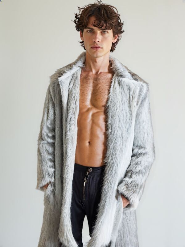 Men's Faux Fox Fur Coat Turn-Down Collar Long Winter Jacket
