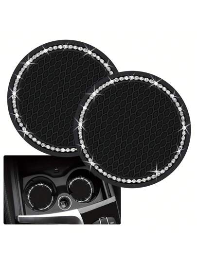 2pcs Shiny Black Silicone Car Cup Holders, Crystal Rhinestone Edged - 2.75 Inch Non-Slip, Fits Vehicle Cup Holders, Fashion Accessories For Women And Girls, Car Cup Mats