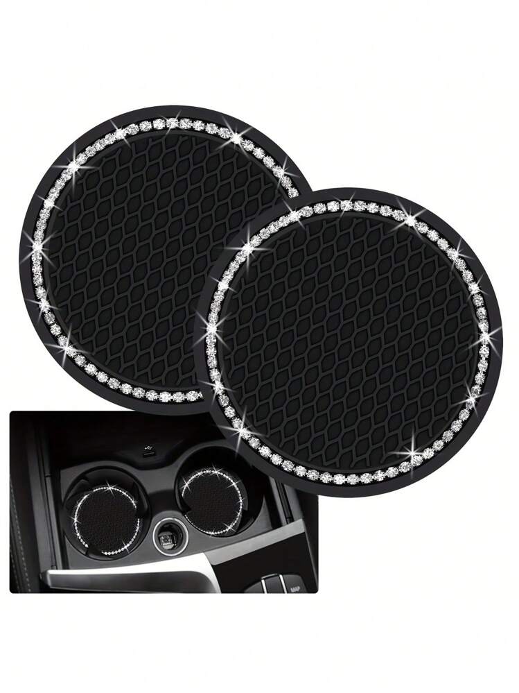 2 chiếc giá đỡ cốc bằng silicon màu đen bóng cho ô tô, viền pha lê Rhinestone - 2,75 inch chống trượt, phù hợp với giá đỡ cốc trên ô tô, phụ kiện thời trang cho phụ nữ và trẻ em gái, thảm lót cốc trên ô tô - Nhiều màu - Xem 1