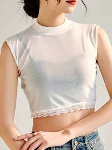 1 pieza Top corto de mujer con cuello alto, recorte de encaje de malla y sin mangas, estilo elegante adecuado para primavera, verano, otoño, invierno