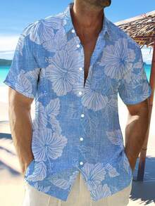Hawaiian Floral Texture Print Men's Button Pocket Short Sleeve Shirt - Baby Blue - View 1