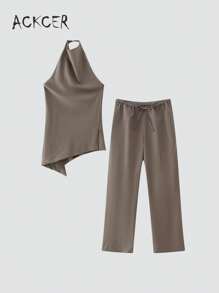 2pcs/Set Women Casual Asymmetric Neck Blouse + Drawstring Waist Pants - Coffee Brown - View 2
