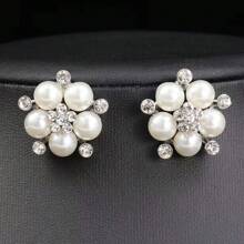 3pcs Set Elegant Rhinestone Flower & Pearl Necklace And Earrings Jewelry Set - White - View 6
