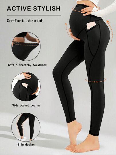 Women's Maternity Leggings, High Elasticity, Full Nude Feeling, Close To The Abdomen, With Pockets, Non-See-Through Maternity Yoga Pants