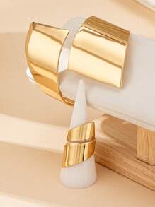 Set de 2 piezas de pulsera y anillo geométrico asimétrico de metal dorado, de estilo vintage, elegante y de moda, adecuado como regalo para fiestas, banquetes y uso diario