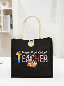 1 pièce Sac à main en lin imprimé floral avec lettrage enseignant, cadeau pour enseignants, sac cadeau à motif lune et étoile, sac de courses portable et pliable, sac de rangement léger, sac de courses simple, sac de rangement pour infirmière, médecin, enseignant, cadeau pour mère, maquillage de voyage personnel, sac de courses, grand espace de rangement, toujours les meilleurs cadeaux de la Saint-Valentin